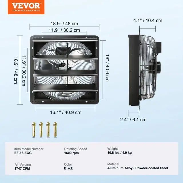 Alt view image 8 of 11 - VEVOR Shutter Exhaust Fan, 16'' with Temperature Humidity Controller, EC-motor, 2650 CFM, 10-Speed Adjustable Wall Mount Attic Fan, Ventilation and Cooling for Greenhouses, Garages, Sheds, ETL Listed