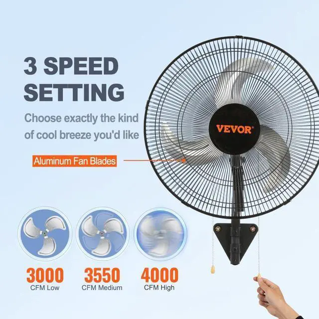 Alt view image 5 of 9 - VEVOR Wall Mount Fan, 18 Inch, 3-speed High Velocity Max. 4000 CFM Oscillating Industrial Wall Fan, Commercial or Residential for Warehouse, Greenhouse, Workshop, Patio, Basement, Black, ETL Listed