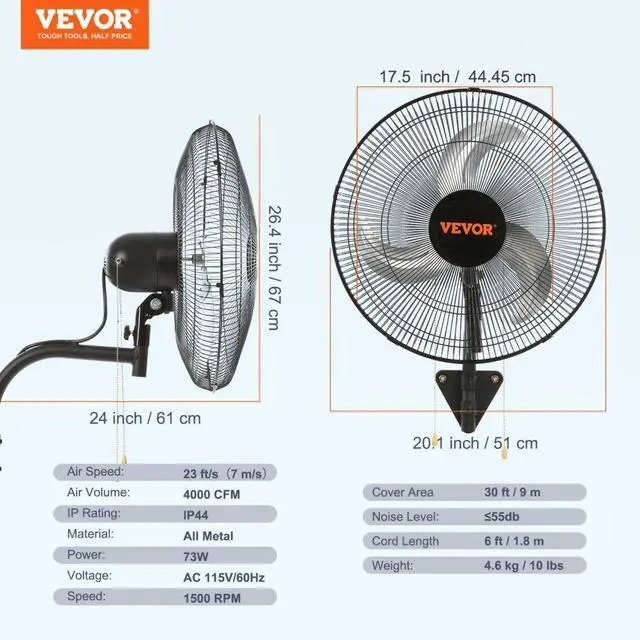 Alt view image 9 of 9 - VEVOR Wall Mount Fan, 18 Inch, 3-speed High Velocity Max. 4000 CFM Oscillating Industrial Wall Fan, Commercial or Residential for Warehouse, Greenhouse, Workshop, Patio, Basement, Black, ETL Listed
