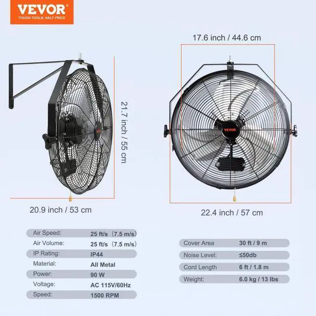 Alt view image 9 of 11 - VEVOR Wall Mount Fan, 18 Inch, 3-speed High Velocity Max. 4150 CFM, Waterproof Oscillating Industrial Wall Fan, Commercial or Residential for Warehouse, Greenhouse, Workshop, Patio, Black, ETL Listed