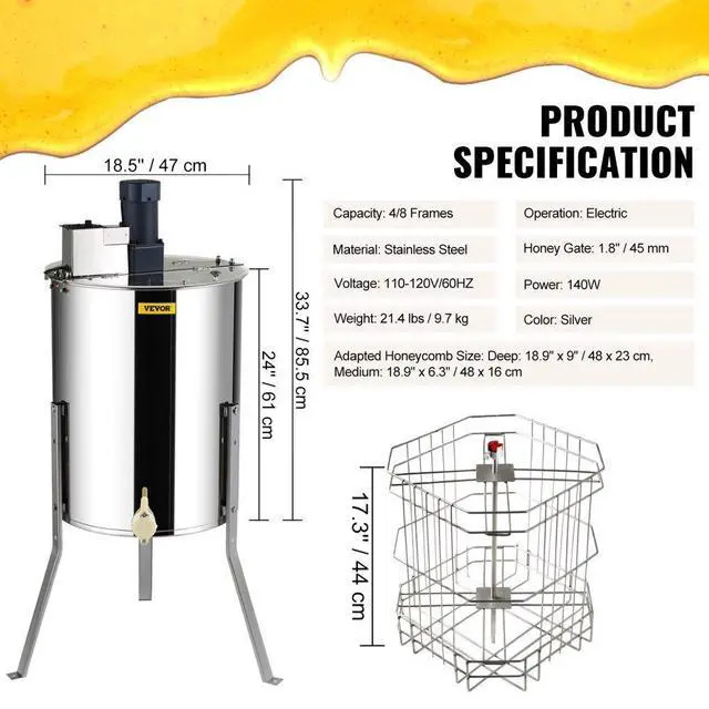 Alt view image 8 of 15 - VEVOR Electric Honey Extractor, 4/8 Frames Honey Spinner Extractor, Stainless Steel Beekeeping Extraction, Honeycomb Drum Spinner with Lid, Apiary Centrifuge Equipment with Height Adjustable Stand
