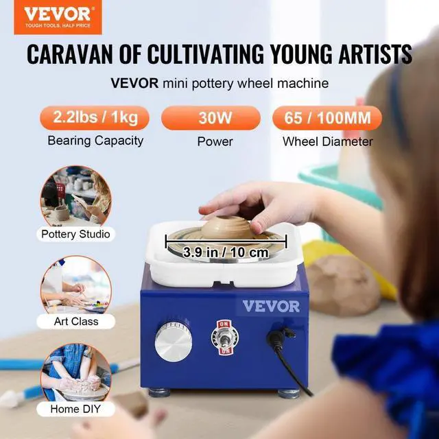 Alt view image 3 of 15 - VEVOR Mini Pottery Wheel, 2 Turntables 2.6in / 3.9in Ceramic Wheel Forming Machine, Adjustable 0-300RPM Speed ABS Detachable Basin, Sculpting Tools Apron Accessory Kit for Work Art Craft DIY