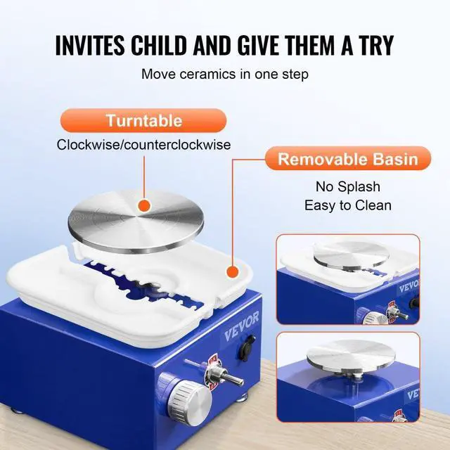 Alt view image 4 of 15 - VEVOR Mini Pottery Wheel, 2 Turntables 2.6in / 3.9in Ceramic Wheel Forming Machine, Adjustable 0-300RPM Speed ABS Detachable Basin, Sculpting Tools Apron Accessory Kit for Work Art Craft DIY