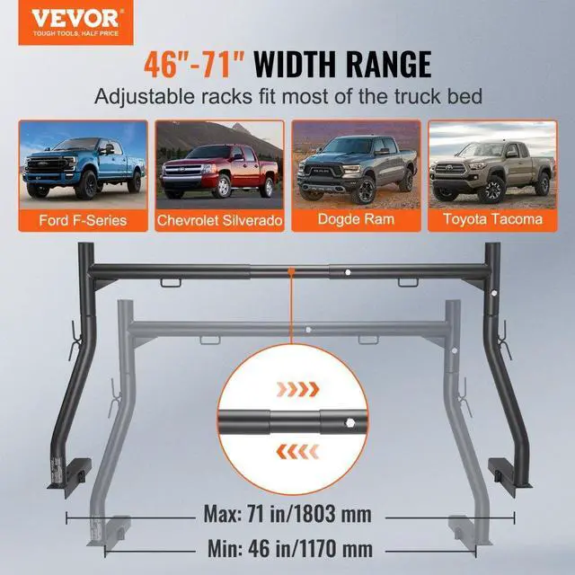 Alt view image 3 of 8 - VEVOR Truck Rack, 46-71inch Extendable Truck Ladder Rack, 800 lbs Capacity Steel Ladder Rack for Truck with Non-Drilling J-bolts, Heavy Duty Truck Bed Rack for Kayak, Surfboard, Lumber, Ladder