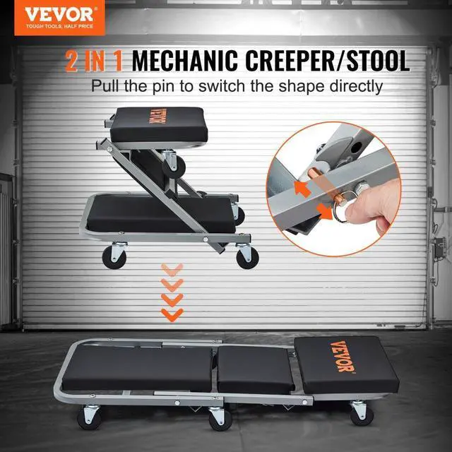 Alt view image 3 of 8 - VEVOR 2 in 1 Z Creeper Seat Rolling Chair Auto Mechanics Shop Garage Work Stool