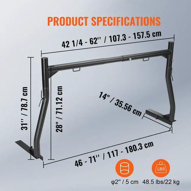 Alt view image 8 of 8 - VEVOR Truck Rack, 46-71inch Extendable Truck Ladder Rack, 800 lbs Capacity Steel Ladder Rack for Truck with Non-Drilling J-bolts, Heavy Duty Truck Bed Rack for Kayak, Surfboard, Lumber, Ladder