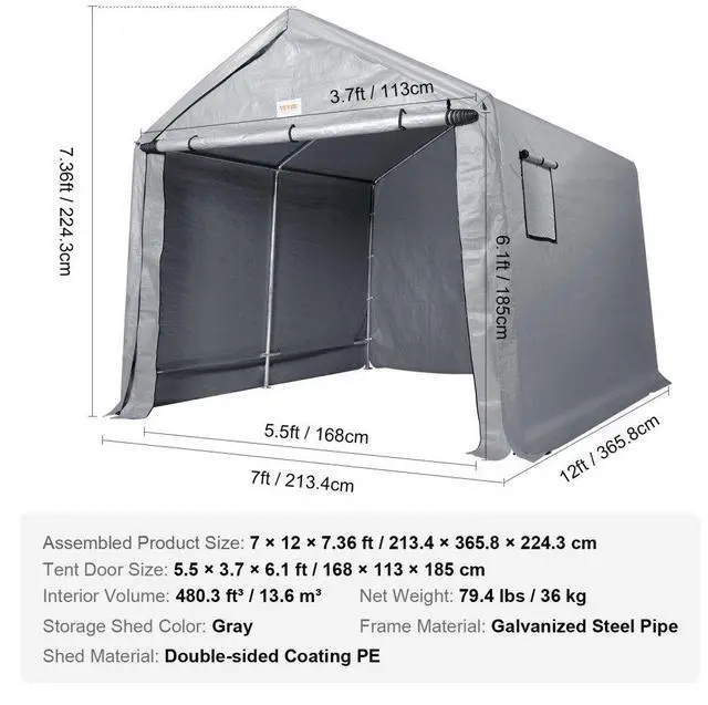 Alt view image 8 of 15 - VEVOR Portable Shed Outdoor Storage Shelter, 7 x 12 x 7.36 ft Heavy Duty All-Season Instant Storage Tent Tarp Sheds with Roll-up Zipper Door and Ventilated Windows For Motorcycle, Bike, Garden Tools
