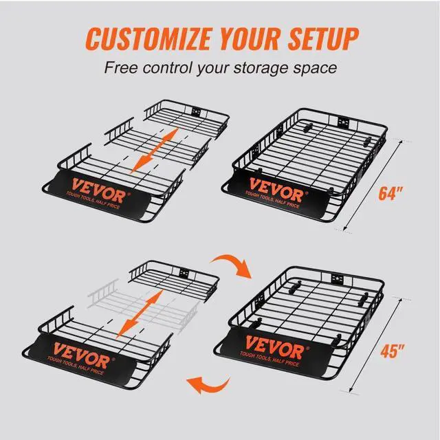 Alt view image 5 of 8 - VEVOR Roof Rack Cargo Basket, 64" x 39" x 6" Rooftop Cargo Carrier with Extension, Heavy-duty 200 LBS Capacity Universal Roof Rack Basket, Luggage Holder for SUV, Truck, Vehicle