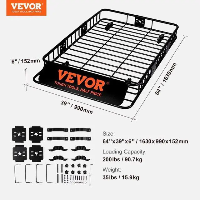 Alt view image 8 of 8 - VEVOR Roof Rack Cargo Basket, 64" x 39" x 6" Rooftop Cargo Carrier with Extension, Heavy-duty 200 LBS Capacity Universal Roof Rack Basket, Luggage Holder for SUV, Truck, Vehicle