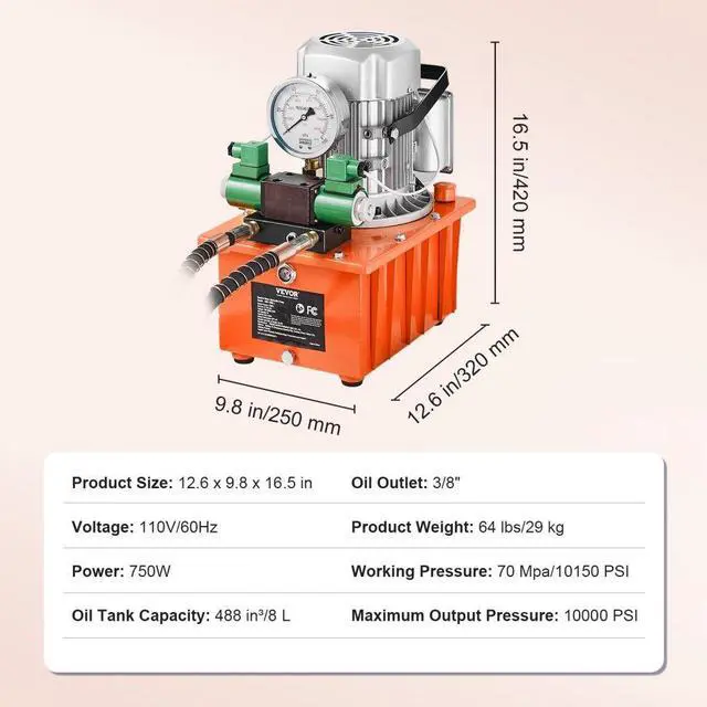 Alt view image 8 of 15 - VEVOR Electric Hydraulic Pump, 10000 PSI 750W 110V 488 in/8L Capacity, Double Acting Solenoid Valve, Electric Driven Hydraulic Pump Power Pack Unit with Pedal Switch for Punching/Bending/Jack Machine