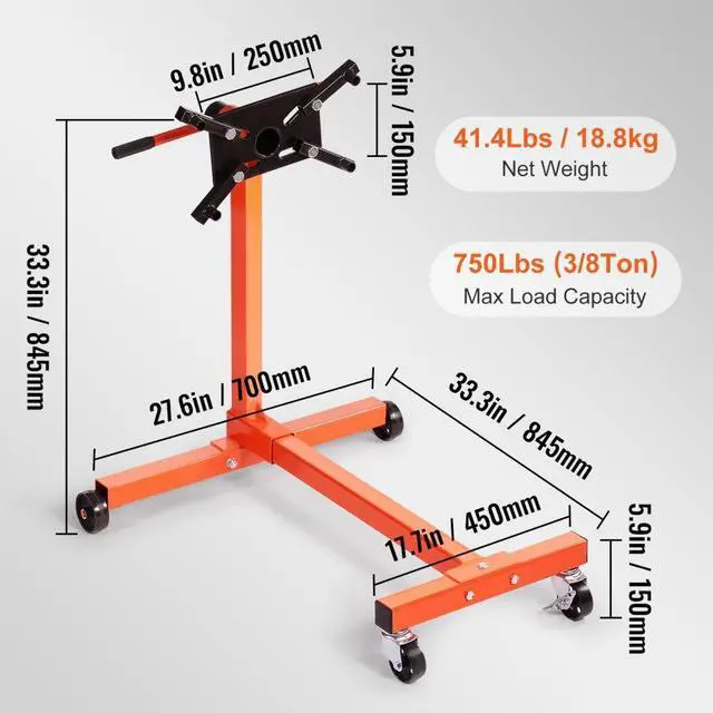Alt view image 8 of 8 - VEVOR Engine Stand, 750 lbs (3/8 Ton) Rotating Engine Motor Stand with 360 Degree Adjustable Head, Cast Iron Motor Hoist Dolly, 4-Caster, 4 Adjustable Arms, for Vehicle Maintenance, Auto Repair