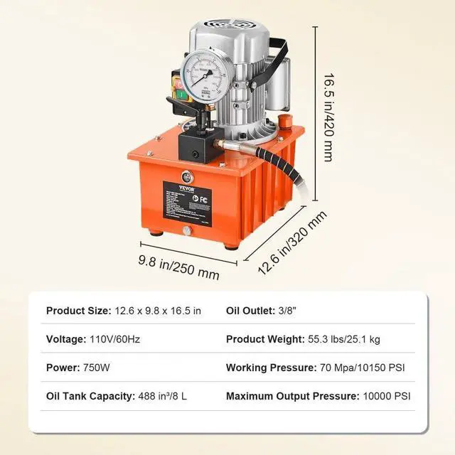 Alt view image 8 of 8 - VEVOR Electric Hydraulic Pump, 10000 PSI 750W 110V, 488 in/8L Capacity, Single Acting Manual Valve, Electric Driven Hydraulic Pump Power Pack Unit with Lever Switch for Punching/Bending/Jack Machines