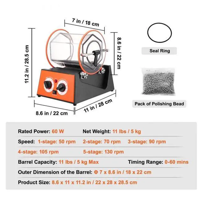 Alt view image 8 of 15 - VEVOR Jewelry Polisher Tumbler, 11lbs/5kg Capacity Mini Rotary Tumbler Machine with 0-60 Minutes Timer, 5 Speeds Jewelry Rotary Finisher for Surface Polishing Grinding Buffing Gemstones Jewels Coins