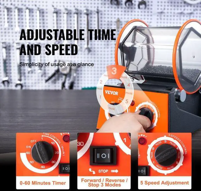 Alt view image 5 of 15 - VEVOR Jewelry Polisher Tumbler, 6.6lbs/3kg Capacity Mini Rotary Tumbler Machine with 0-60 Minutes Timer, 5 Speeds Jewelry Rotary Finisher for Surface Polishing Grinding Buffing Gemstones Jewels Coins