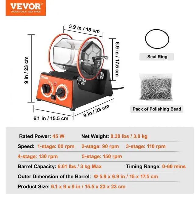 Alt view image 8 of 15 - VEVOR Jewelry Polisher Tumbler, 6.6lbs/3kg Capacity Mini Rotary Tumbler Machine with 0-60 Minutes Timer, 5 Speeds Jewelry Rotary Finisher for Surface Polishing Grinding Buffing Gemstones Jewels Coins