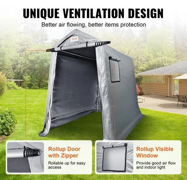 Alt view image 3 of 8 - VEVOR Portable Shed Outdoor Storage Shelter, 6 x 8 x 7 ft Heavy Duty All-Season Instant Storage Tent Tarp Sheds with Roll-up Zipper Door and Ventilated Windows For Motorcycle, Bike, Garden Tools