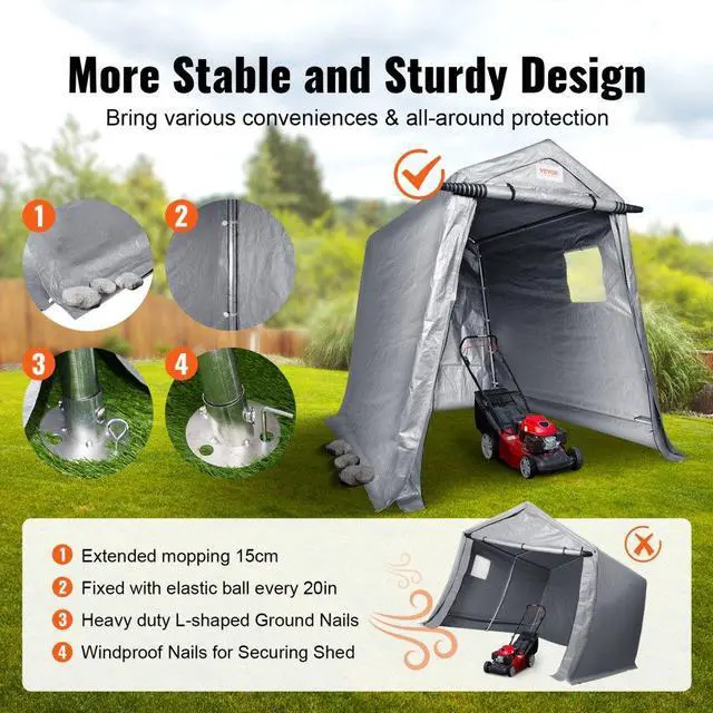 Alt view image 4 of 8 - VEVOR Portable Shed Outdoor Storage Shelter, 6 x 8 x 7 ft Heavy Duty All-Season Instant Storage Tent Tarp Sheds with Roll-up Zipper Door and Ventilated Windows For Motorcycle, Bike, Garden Tools
