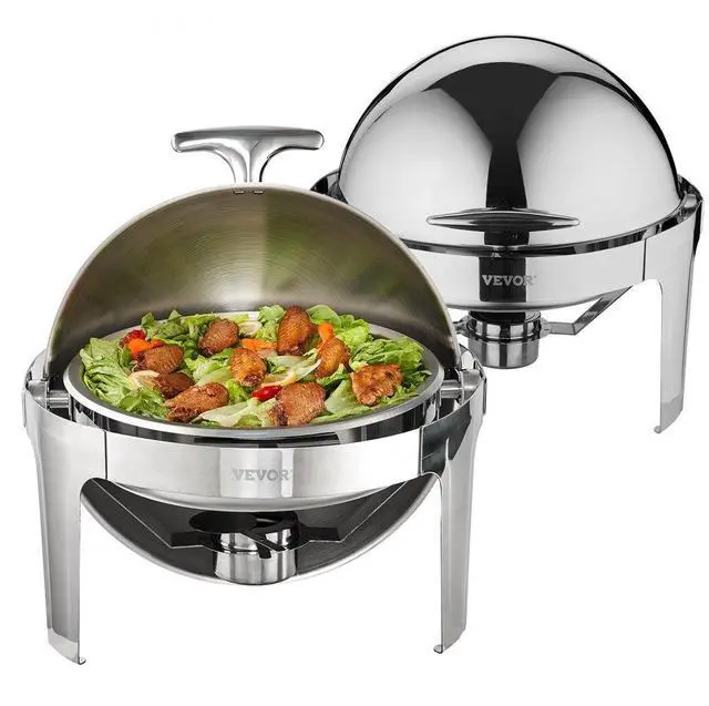 Alt view image 2 of 8 - VEVOR Roll Top Chafing Dish Buffet Set, 6 Qt 2 Pack, Stainless Steel Chafer with 2 Full Size Pans, Round Catering Warmer Server with Lid Water Pan Stand Fuel Holder, for at Least 5 People Each