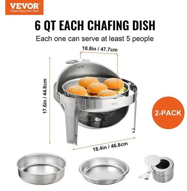 Alt view image 3 of 8 - VEVOR Roll Top Chafing Dish Buffet Set, 6 Qt 2 Pack, Stainless Steel Chafer with 2 Full Size Pans, Round Catering Warmer Server with Lid Water Pan Stand Fuel Holder, for at Least 5 People Each