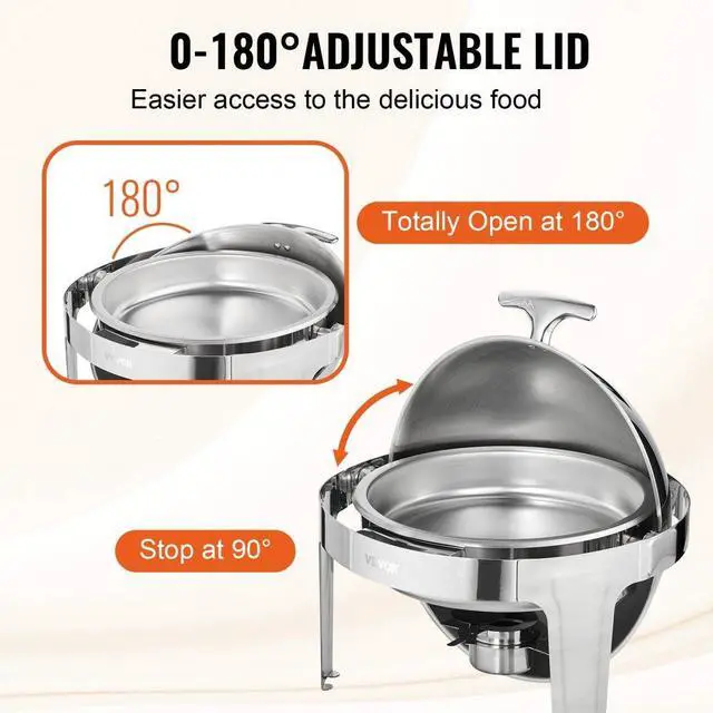 Alt view image 5 of 8 - VEVOR Roll Top Chafing Dish Buffet Set, 6 Qt 2 Pack, Stainless Steel Chafer with 2 Full Size Pans, Round Catering Warmer Server with Lid Water Pan Stand Fuel Holder, for at Least 5 People Each