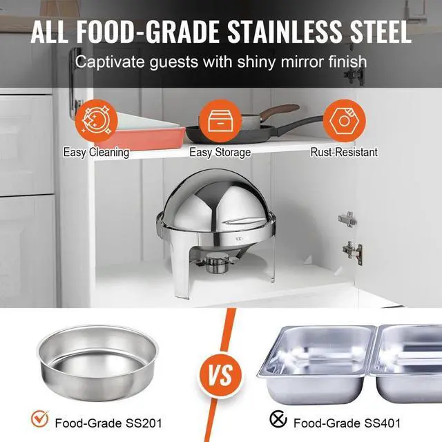 Alt view image 4 of 8 - VEVOR Roll Top Chafing Dish Buffet Set, 6 Qt 2 Pack, Stainless Steel Chafer with 2 Full Size Pans, Round Catering Warmer Server with Lid Water Pan Stand Fuel Holder, for at Least 5 People Each