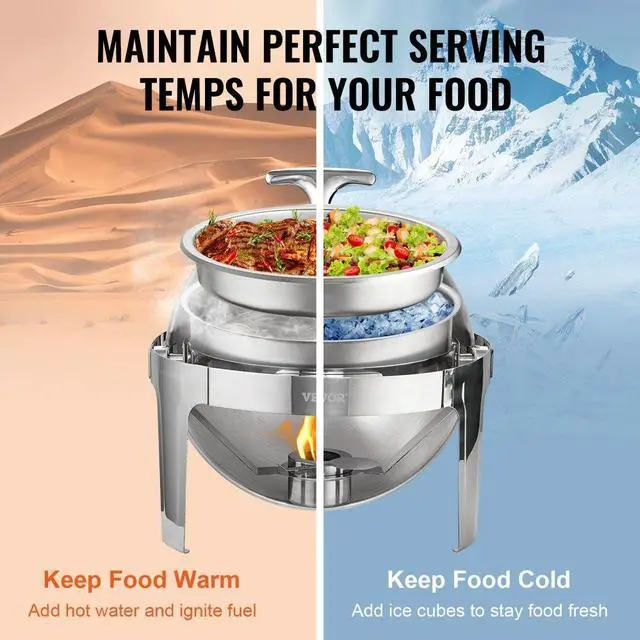 Alt view image 6 of 8 - VEVOR Roll Top Chafing Dish Buffet Set, 6 Qt 2 Pack, Stainless Steel Chafer with 2 Full Size Pans, Round Catering Warmer Server with Lid Water Pan Stand Fuel Holder, for at Least 5 People Each