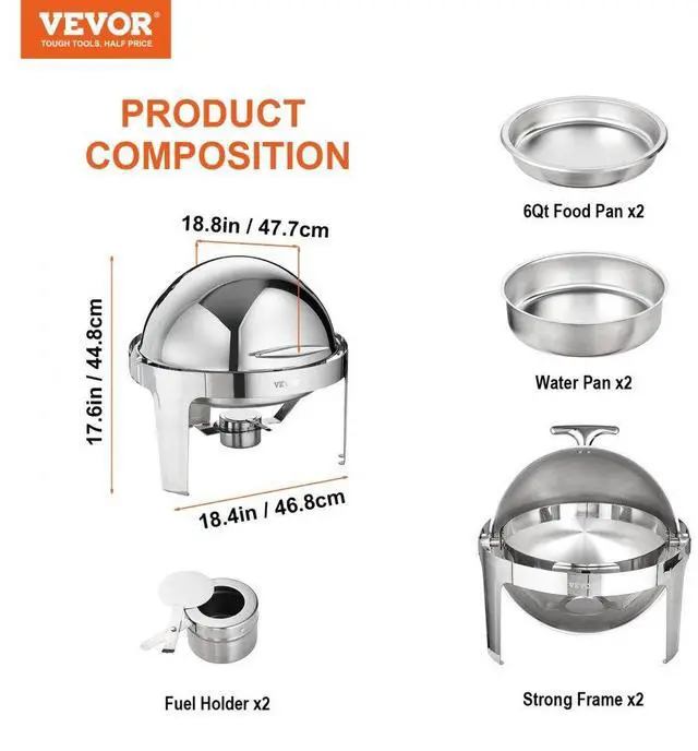 Alt view image 8 of 8 - VEVOR Roll Top Chafing Dish Buffet Set, 6 Qt 2 Pack, Stainless Steel Chafer with 2 Full Size Pans, Round Catering Warmer Server with Lid Water Pan Stand Fuel Holder, for at Least 5 People Each