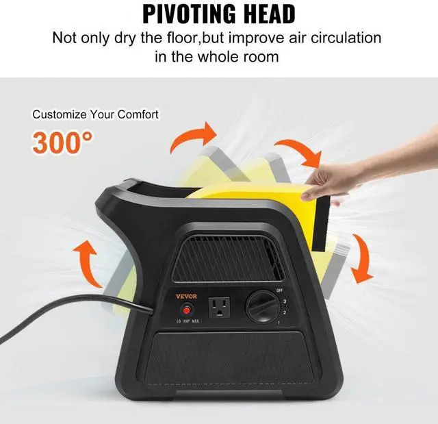Alt view image 5 of 9 - VEVOR Pivoting Utility Fan, 600 CFM High Velocity Floor Blower for Drying, Cooling, Ventilating, Exhausting, 300 Blowing Angle Air Mover, Portable Carpet Dryer Fan for Home, Work Shop