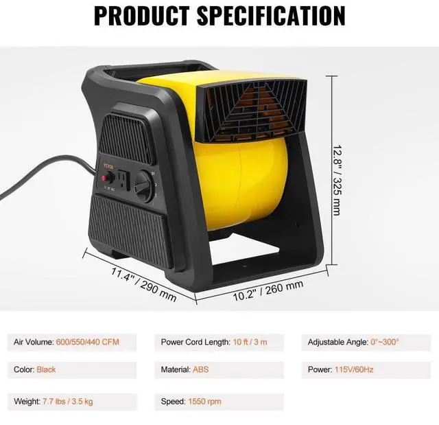 Alt view image 8 of 9 - VEVOR Pivoting Utility Fan, 600 CFM High Velocity Floor Blower for Drying, Cooling, Ventilating, Exhausting, 300 Blowing Angle Air Mover, Portable Carpet Dryer Fan for Home, Work Shop