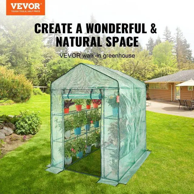 Alt view image 3 of 8 - VEVOR Walk-in Green House, 4.6 x 4.6 x 6.6 ft  Greenhouse with Shelves, High Strength PE Cover with Doors & Windows and Steel Frame, Set Up in Minutes, Suitable for Planting and Storage