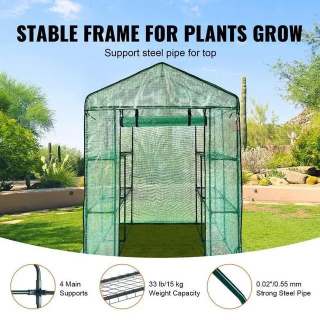 Alt view image 4 of 8 - VEVOR Walk-in Green House, 4.6 x 4.6 x 6.6 ft  Greenhouse with Shelves, High Strength PE Cover with Doors & Windows and Steel Frame, Set Up in Minutes, Suitable for Planting and Storage