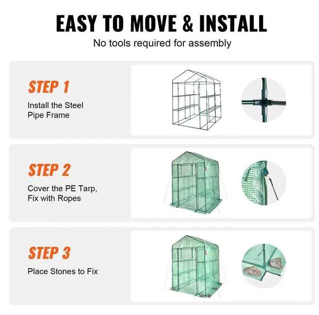 Alt view image 5 of 8 - VEVOR Walk-in Green House, 4.6 x 4.6 x 6.6 ft  Greenhouse with Shelves, High Strength PE Cover with Doors & Windows and Steel Frame, Set Up in Minutes, Suitable for Planting and Storage
