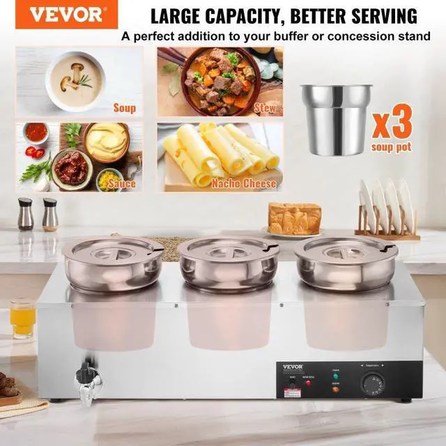 Alt view image 3 of 8 - VEVOR Electric Soup Warmer, Three 7.4QT Stainless Steel Round Pot 86~185F Adjustable Temp, 1200W Commercial Bain Marie with Anti-dry Burn and Reset Button, Soup Station for Restaurant, Buffet, Silver