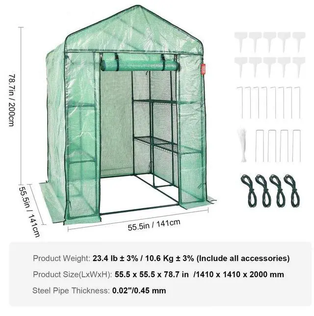 Alt view image 8 of 8 - VEVOR Walk-in Green House, 4.6 x 4.6 x 6.6 ft  Greenhouse with Shelves, High Strength PE Cover with Doors & Windows and Steel Frame, Set Up in Minutes, Suitable for Planting and Storage