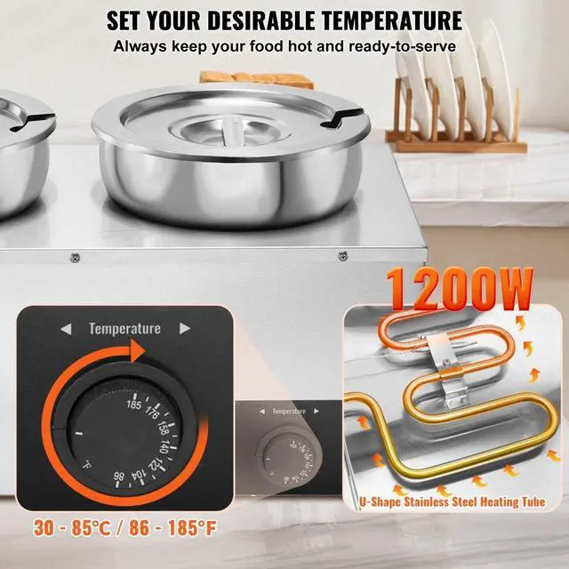 Alt view image 4 of 8 - VEVOR Electric Soup Warmer, Three 7.4QT Stainless Steel Round Pot 86~185F Adjustable Temp, 1200W Commercial Bain Marie with Anti-dry Burn and Reset Button, Soup Station for Restaurant, Buffet, Silver