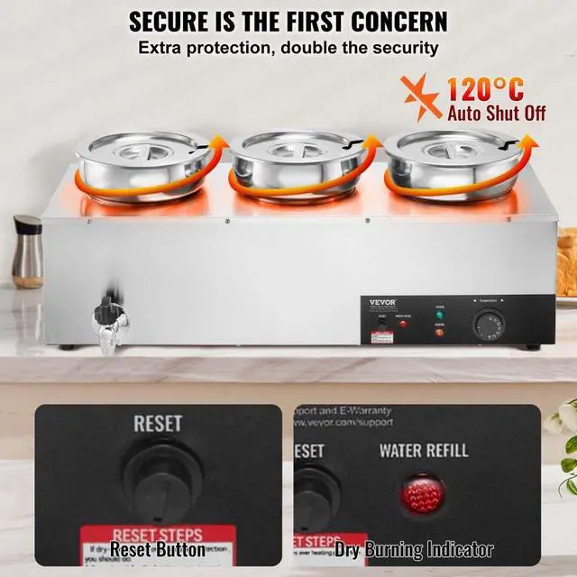 Alt view image 5 of 8 - VEVOR Electric Soup Warmer, Three 7.4QT Stainless Steel Round Pot 86~185F Adjustable Temp, 1200W Commercial Bain Marie with Anti-dry Burn and Reset Button, Soup Station for Restaurant, Buffet, Silver