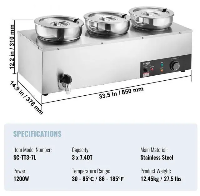 Alt view image 8 of 8 - VEVOR Electric Soup Warmer, Three 7.4QT Stainless Steel Round Pot 86~185F Adjustable Temp, 1200W Commercial Bain Marie with Anti-dry Burn and Reset Button, Soup Station for Restaurant, Buffet, Silver