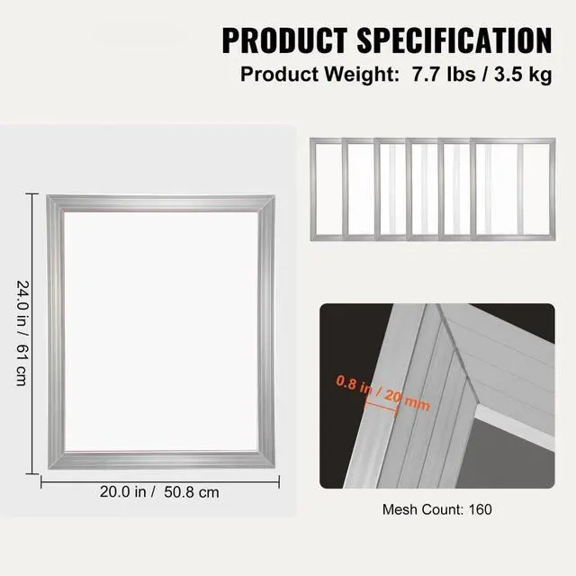 Alt view image 8 of 8 - VEVOR Screen Printing Kit, 6 Pieces Aluminum Silk Screen Printing Frames, 20x24inch Silk Screen Printing Frame with 160 Count Mesh, High Tension Nylon Mesh and Sealing Tape for T-shirts DIY Printing