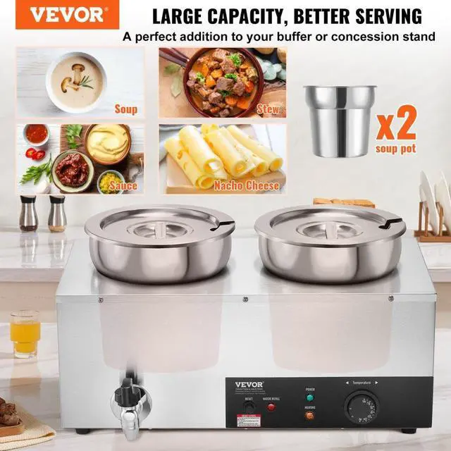 Alt view image 3 of 8 - VEVOR Electric Soup Warmer, Dual 7.4QT Stainless Steel Round Pot 86~185F Adjustable Temp, 1200W Commercial Bain Marie with Anti-dry Burn and Reset Button, Soup Station for Restaurant, Buffet, Silver