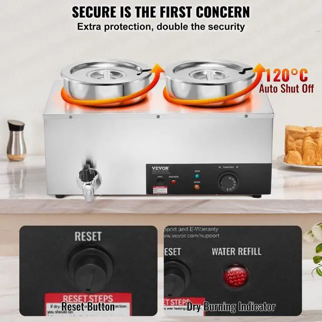 Alt view image 5 of 8 - VEVOR Electric Soup Warmer, Dual 7.4QT Stainless Steel Round Pot 86~185F Adjustable Temp, 1200W Commercial Bain Marie with Anti-dry Burn and Reset Button, Soup Station for Restaurant, Buffet, Silver