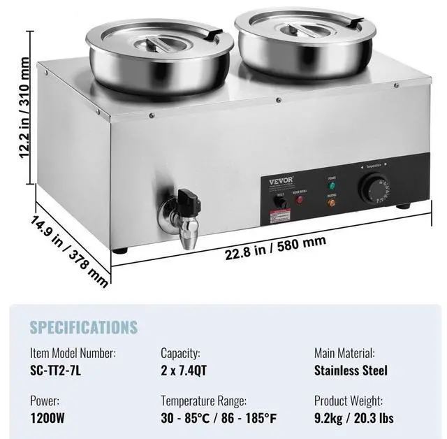 Alt view image 8 of 8 - VEVOR Electric Soup Warmer, Dual 7.4QT Stainless Steel Round Pot 86~185F Adjustable Temp, 1200W Commercial Bain Marie with Anti-dry Burn and Reset Button, Soup Station for Restaurant, Buffet, Silver