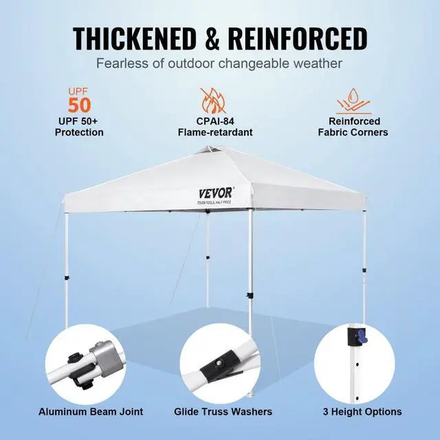 Alt view image 4 of 8 - VEVOR Pop Up Canopy Tent, 10 x 10 ft, 250 D PU Silver Coated Tarp, with Portable Roller Bag and 4 Sandbags, Waterproof and Sun Shelter Gazebo for Outdoor Party, Camping, Commercial Events, White