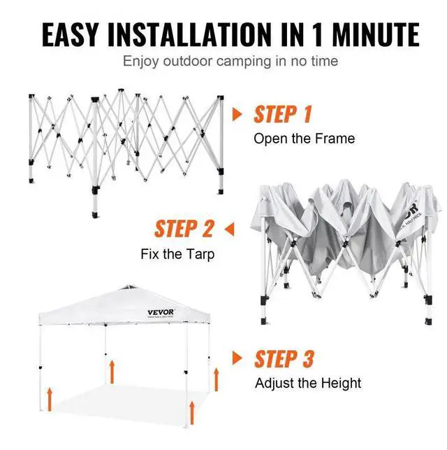 Alt view image 5 of 8 - VEVOR Pop Up Canopy Tent, 10 x 10 ft, 250 D PU Silver Coated Tarp, with Portable Roller Bag and 4 Sandbags, Waterproof and Sun Shelter Gazebo for Outdoor Party, Camping, Commercial Events, White