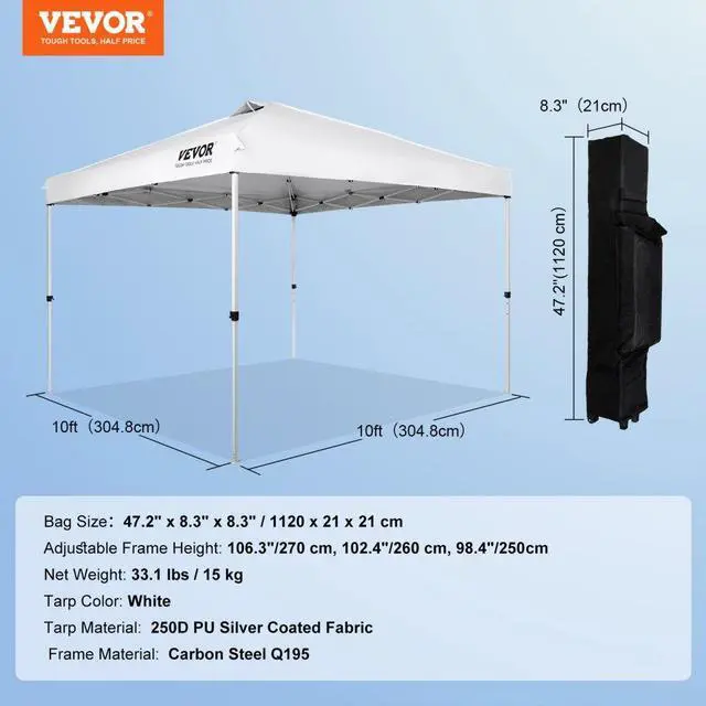 Alt view image 8 of 8 - VEVOR Pop Up Canopy Tent, 10 x 10 ft, 250 D PU Silver Coated Tarp, with Portable Roller Bag and 4 Sandbags, Waterproof and Sun Shelter Gazebo for Outdoor Party, Camping, Commercial Events, White