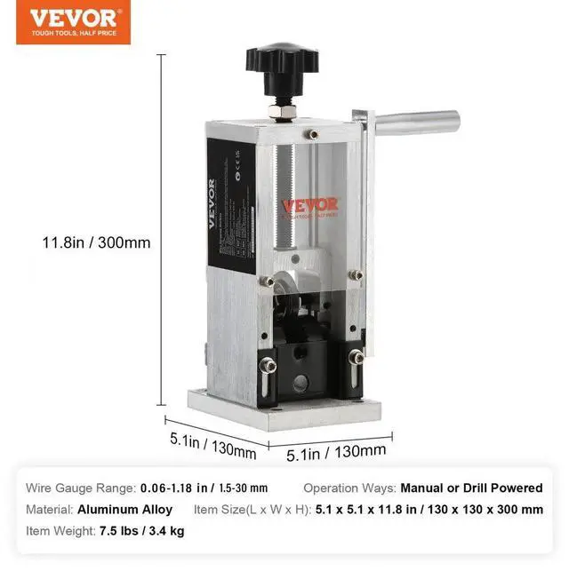 Alt view image 8 of 15 - VEVOR Manual Wire Stripping Machine, 0.06''-0.98'' Copper Stripper with Hand Crank or Drill Powered, Visible Stripping Depth Reference, Portable Aluminum Frame Wire Peeler for Scrap Copper Recycling