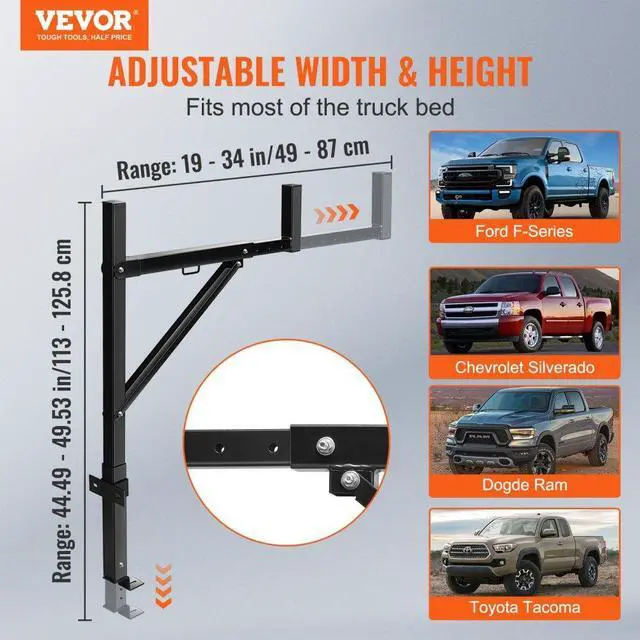 Alt view image 3 of 8 - VEVOR Truck Rack, 19-34inch Extendable Truck Ladder Rack, 38.6"-43.6" Adjustable Height, 250 lbs Capacity Steel Ladder Rack for Truck, Heavy Duty Truck Bed Rack for Kayak, Surfboard, Lumber, Ladder
