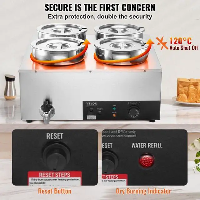 Alt view image 5 of 8 - VEVOR Electric Soup Warmer, Four 7.4QT Stainless Steel Round Pot 86~185F Adjustable Temp, 1500W Commercial Bain Marie with Anti-dry Burn and Reset Button, Soup Station for Restaurant, Buffet, Silver