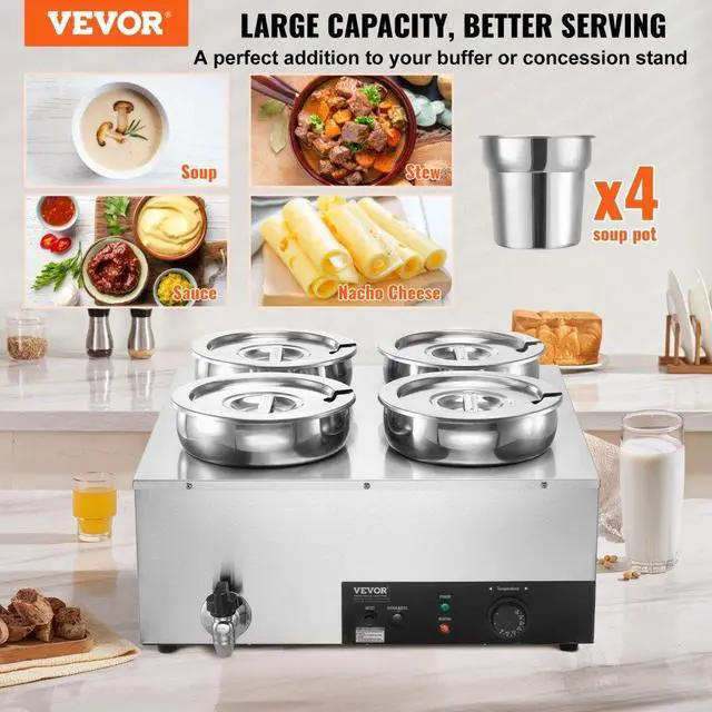 Alt view image 3 of 8 - VEVOR Electric Soup Warmer, Four 7.4QT Stainless Steel Round Pot 86~185F Adjustable Temp, 1500W Commercial Bain Marie with Anti-dry Burn and Reset Button, Soup Station for Restaurant, Buffet, Silver