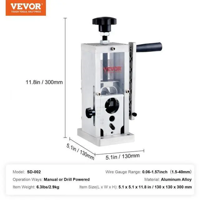 Alt view image 8 of 15 - VEVOR Manual Wire Stripping Machine, 0.06''-1.5'' Copper Stripper with Hand Crank or Drill Powered, Visible Stripping Depth Reference, Portable Aluminum Frame Wire Peeler for Scrap Copper Recycling