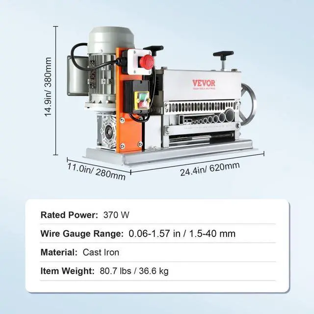 Alt view image 8 of 15 - VEVOR Automatic Wire Stripping Machine, 0.06''-1.42'' Electric Motorized Cable Stripper, 370 W, 88 ft/min Wire Peeler with An Extra Manual Crank, 11 Channels for Scrap Copper Recycling